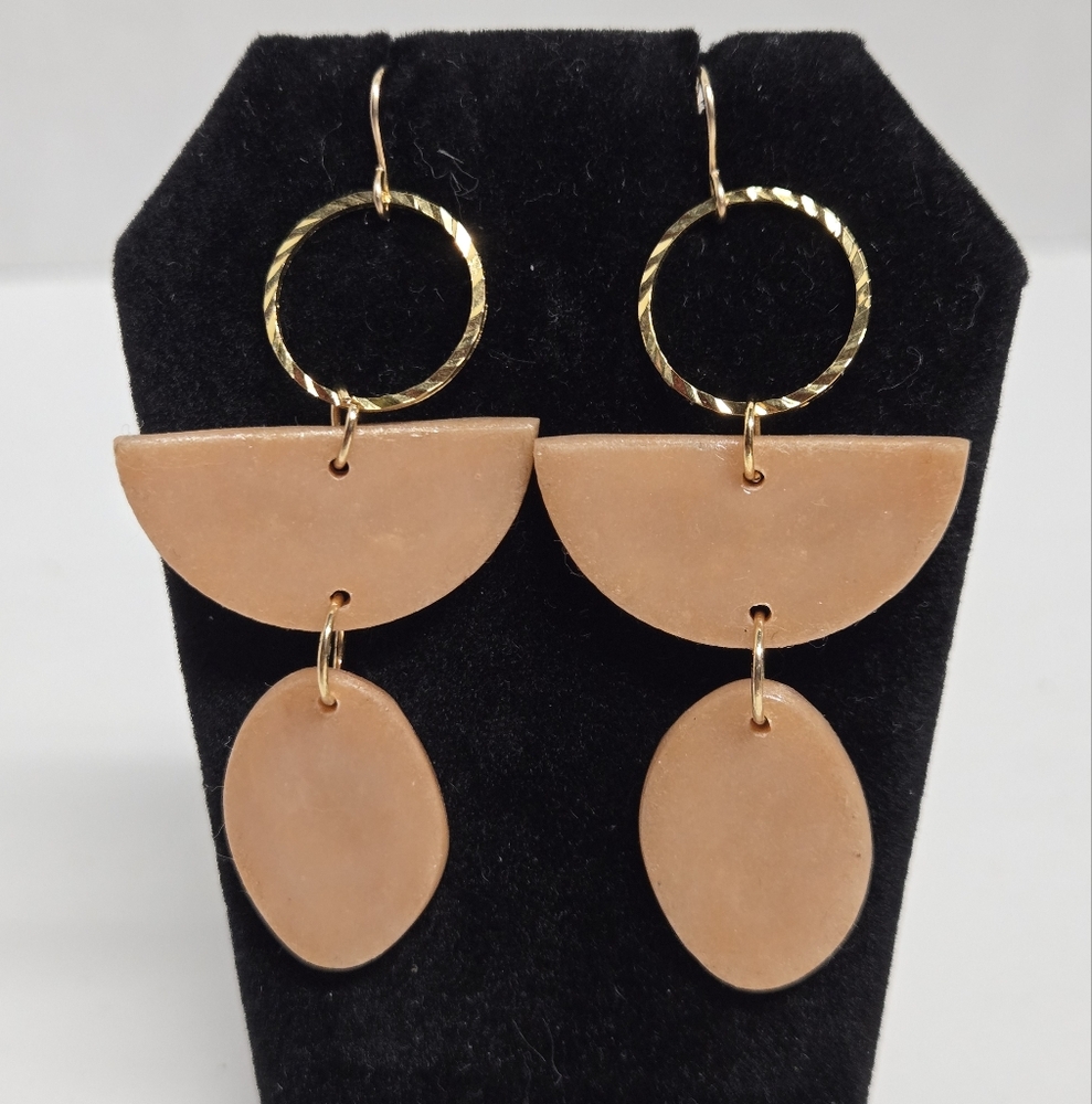 Polymer Clay Gold and Tan Pierced Dangle Earrings 2 3/4"X1 1/4"